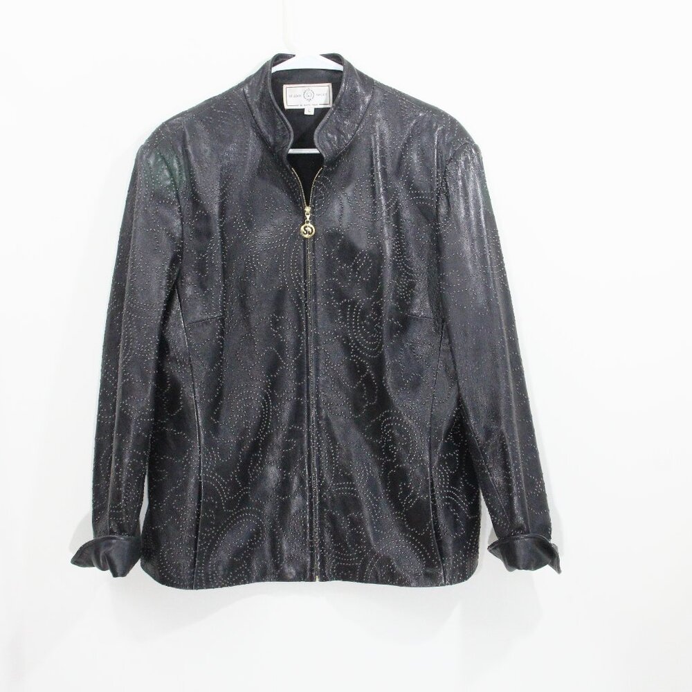 St. John Sport Vintage Women Black Leather Jacket Medium Classic Coat